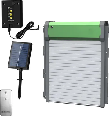Produktbild von Automatische Hühnerklappe - Hühnerstalltür - Solar betrieben - Timer - Einklemmschutz - Fernbedienung - Edelstahl