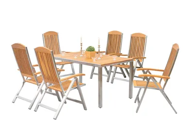 Produktbild von Merxx Gartenmöbelset Keros 7tlg., 6 Klappsessel, 1 Tisch 150 x 90 cm - Edelstahl/Akazie