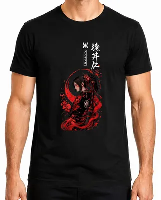 Imagen del producto de Camiseta para hombre, estilo anime/manga, con diseño de guerrera samurai japonesa, katana, estética Y2K, diseño "Onna-musha", color negro, talla S
