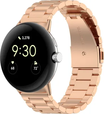 A rose gold smartwatch with a metal band is shown against a white background.