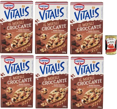 Produktbild von Cameo Vitalis Muesli Croccante Double Chocolate, Müsli knusprige Doppelschokolade mit ganzen Haferflocken aus dunkler Schokolade und Milch, 6x 310 g + Italian Gourmet polpa 400g