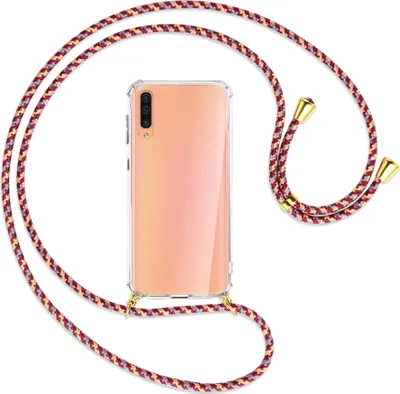 Produktbild von Handykette Backcover-Schutzhülle mit Band (Metall goldfarben) für Samsung Galaxy A50 - weinrot/gelb/grau