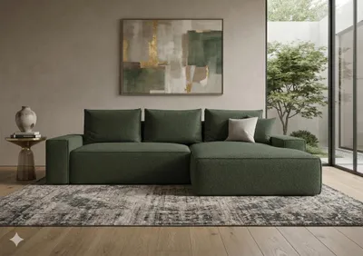 Image de Canapé d’angle CALIFORNIA droit vert foncé bouclé Quelle 37 - fonction couchage, coffre de rangement pour la literie
