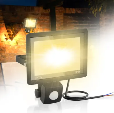 A floodlight with a motion sensor is shown in a dark outdoor setting, with a brick wall and foliage in the background.