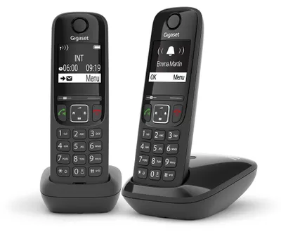 Produktbild von Gigaset AS690 Duo, Analoges/DECT-Telefon, Kabelloses Mobilteil, Freisprecheinrichtung, 100 Eintragungen, Anrufer-Identifikation, Schwarz