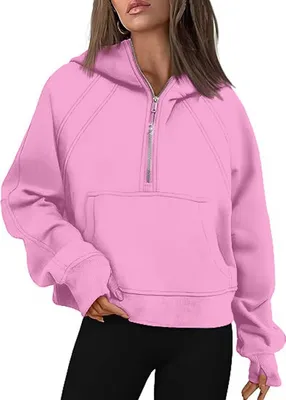 Image de ASKSA Sweat à capuche Femme Court Demi Zip Sweatshirt Fleece Hoodie, Rose, M