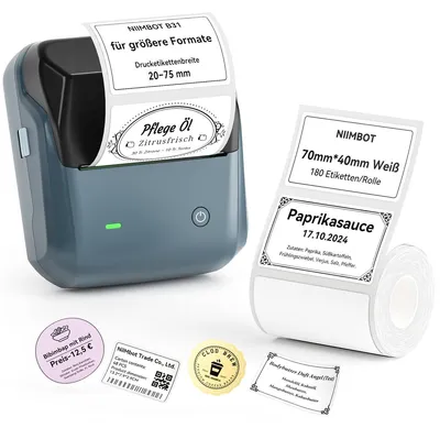 Produktbild von Etikettendrucker Etikettiergerät Labeldrucker - 20-77 mm Druckbreite - 80 mm/s - Bluetooth - Graublau