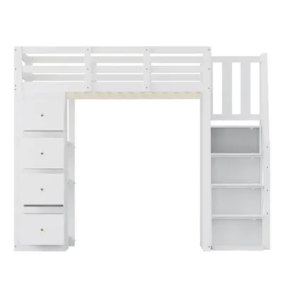 Produktbild von Flieks Etagenbett 140x200cm mit Schubladen, Hochbett Kinderbett mit Ablagen und Staufach, Holzbett Doppelbett Kinder mit Rausfallschutz, Weiß