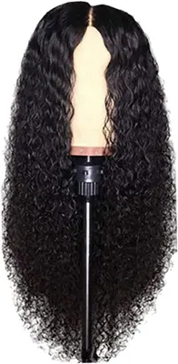 Produktbild von Sonstiges Rasierzubehör 61 cm Lace-Front-Perücke, 100 % Echthaar, Spitzenverschluss, lange Perücke, lockige Perücken für Frauen, schwarz, vorgezupfter