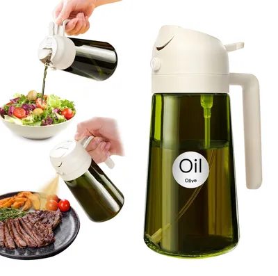 Productafbeelding van Olievernevelaar - 2-in-1: oliekan en spuitfles van lichtdicht glas - geschikt voor de keuken, salades, barbecue en heteluchtfriteuse - 470 ml - Wit