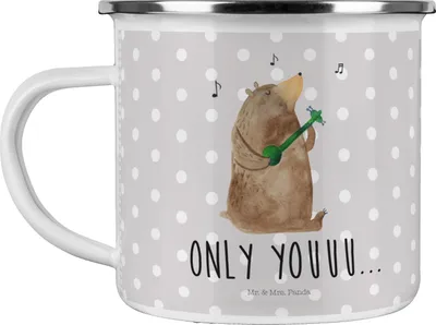Produktbild von Mr. & Mrs. Panda Tasse Emaille Bär Gitarre - Grau Pastell - Geschenk, becher, Teetasse, Kaffeepott, Teddy, Pott