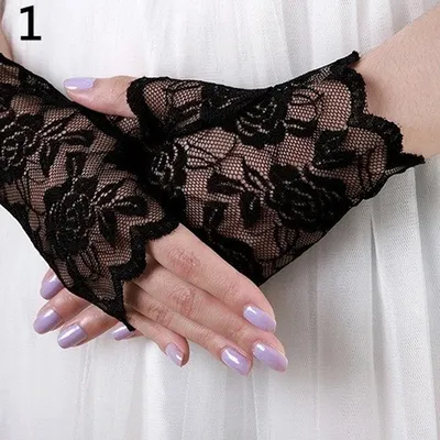 Produktbild von y Dame Mädchen Lace Mesh Rose Blume Hochzeitsfeier Kostüm Fingerlose Handschuhe - (Schwarz)