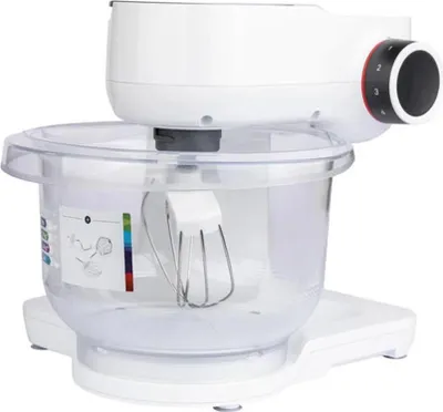 A white Bosch stand mixer with a clear bowl and a whisk attachment is shown against a white background.