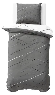 Produktbild von Bettwäsche 155x200 cm Baumwolle Grau Weiß Streifen Bettbezug PolyBaumwolle Wendebettwäsche mit Reißverschluss