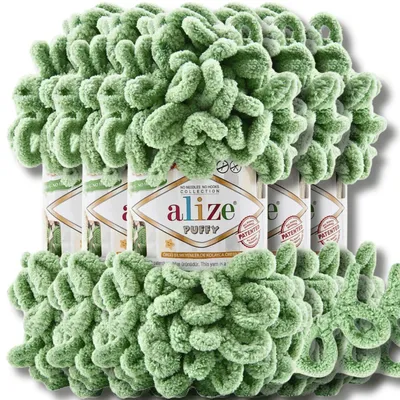 Produktbild von Alize 5x 100g Puffy Wolle, Uni, Häkeln, Stricken (Sage Green - 299)