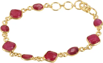 Produktbild von Indisches Boho Armband, Vergoldetes Armband aus Sterling Silber mit Halbedelsteinen - Rubinquarz, Rot, SterlingSilber, 20*1 cm, Armreifen & Armbänder aus Silber