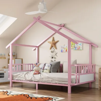 Produktbild von okwish Kinderbett 90×200 mit Sicherheitsgitter, Einzelbett Design in Dachform, Holzbett in Rosa,ohne Matratze