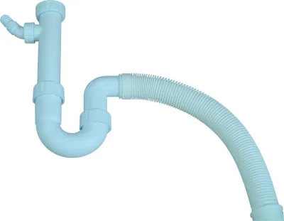 A light blue plastic sink trap with a flexible hose attachment, isolated on a white background.