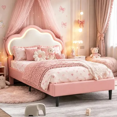 Zdjęcie produktu dla Łóżko dziecięce INONEFT, 90x200 cm, dla dziewczynki, z podświetleniem LED, jedno łóżko z motywem chmur i regulowanym zagłówkiem, łóżko młodzieżowe z listwowym stelażem, kolor różowy, materiał: PU