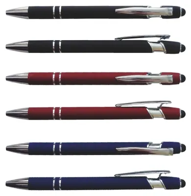 Produktbild von 3x Touchpen-Kugelschreiber aus Metall / gummiert / je 1x schwarz, rot, blau