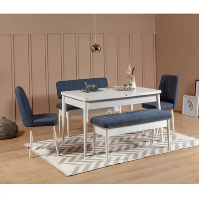 Obrázok produktu pre Skye Decor, Vina White Dark Blue, súprava rozkladacieho jedálenského stola a stoličiek (5 kusov), biela, 100 % MELAMÍNOVÁ POTAHOVANÁ DOSKA, 130 x 80 x 77 cm