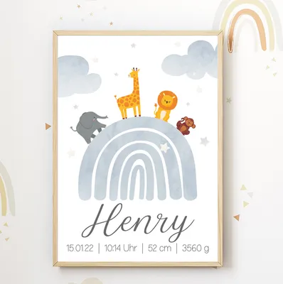 Produktbild von Regenbogen Safari Tiere Geburtsposter personalisiert | Babyposter Kinderposter Kinderzimmer Geschenk zur Geburt – A3 (29.7x42cm) / Grau