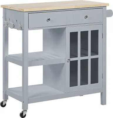 Produktbild von BELIANI Servierwagen Grau Gummibaumholz MDF mit Glasscheibe aus Temperglas mit Seitengriffen Landhausstil Modern Elegant Multifunktional Wonzimmer