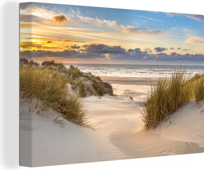 Produktbild von OneMillionCanvasses® - Leinwandbilder - 150x100 cm, Strand - Düne - Gras - Sonnenuntergang - Meer, Wandbilder Kunstdruck Wanddekoration - Foto auf Leinwand - Gemälde auf Holzrahmen