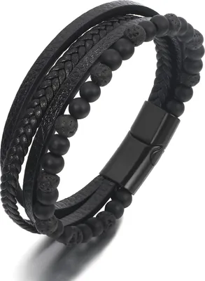 Zdjęcie produktu dla Wielowarstwowe skórzana bransoletka koraliki kamień wulkaniczny 19cm