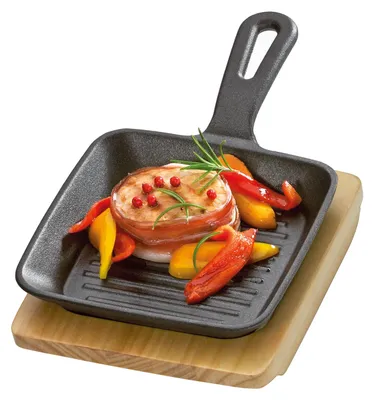 Image de KÜCHENPROFI Poêle à griller/à servir carrée avec planche en bois BBQ 23x13,5x5,5cm