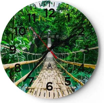 Produktbild von Wanduhr - Rund - Glasuhr - Gehweg Baum Holz Steg - 30x30cm - Schleichendes Uhrwerk - Lautlos - zum Aufhängen bereit - Dekoration Modern - Wanddekoration aus Glas - C4AR30x30-3185