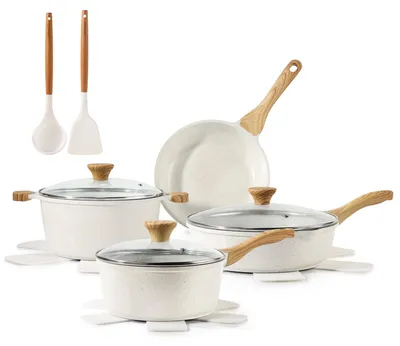 13-tlg. Kochtopfset, Keramik, Antihaft, stapelbar, beige