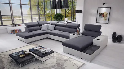 Produktbild von Wohnlandschaft in U-Form PERS V Ecksofa Eckcouch mit Schlaffunktion (Grau SAWANA 96 + weißes Kunstleder, Rechts)