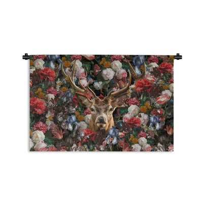 Produktbild von MuchoWow® Wandteppich Wandbehang Hirsche - Geweihe - Blumen 60x40 cm Tapisserie Dekoration Wandtuch - Wanddekorationen