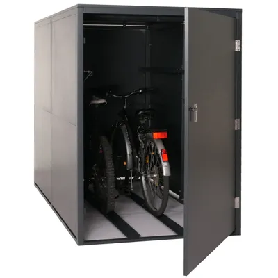 Obrázok produktu pre garáž na 2 bicykle HWC-L56c, prístrešok na bicykle s úložným priestorom, uzamykateľný kovový 160x113x209cm ~ antracitová