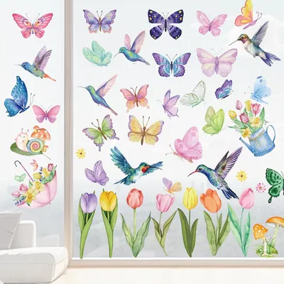 Produktbild von 8 Blatt Fensterbilder für den Frühling, Bunte Fensteraufkleber zum Vogelschutz, Blumen und Schmetterlinge, Wiederverwendbare PVC Fenstersticker für die Dekoration von Fenstern