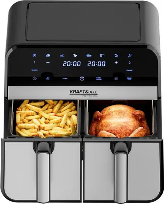Obrázok produktu pre KRAFT&DELE | Teplovzdušná fritéza, 2 komory, 2500W, Fritéza, 6 v 1 Dvojzónová fritéza 9L, Teplovzdušná dvojkomorová fritéza s okienkom, energeticky úsporná, kompaktná fritéza