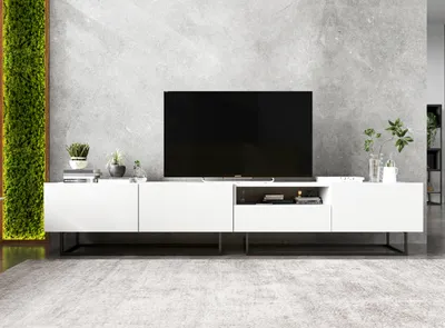 Produktbild von 2 Stk TV-Schrank 2 x Enjoy TV Loft Style Schwarze Metall Fußgestell Modern Lindner Möbel  240cm x 46cm x 35cm Farbe: Weiß matt - Weiß matt