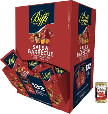 Produktbild von Biffi Salsa Barbecue BBQ-Sauce mit 100% italienischen Tomaten,132 Einzelportionsbeutel à 10g,Leicht würzig + Italian Gourmet Polpa di Pomodoro 400g Dose