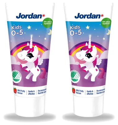 Image de 2 tubes de dentifrice pour enfants Jordan, 0-5 ans - Goût fruité doux - 50 ml - Pack économique - 2 pièces