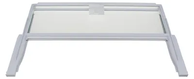 A product shot of a glass shelf with a gray frame, isolated on a white background.