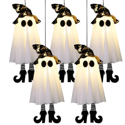 Produktbild von 5St Halloween Deko Outdoor, 46cm Hängende Geister Windsack Mit Lichterketten, LED Scream Fliegende Geist Weihnachten Garten Party Dekoration