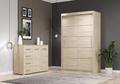 Produktbild von 2er-Set Schwebetürenschrank Schrank Kleiderschrank Sonoma/Sonoma 120cm Neomi 06 mit Kommode 135cm FRIDA 01
