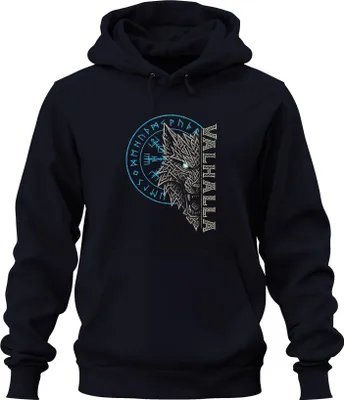Obrázek produktu pro Viking Wolf Vegvisir Runic Compass Valhalla Norse Mythology Uni mikina s kapucí, Navy, XL