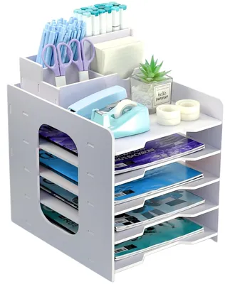 Image de Solidchoice - Rangement de documents en bois à 5 niveaux avec porte-stylos
