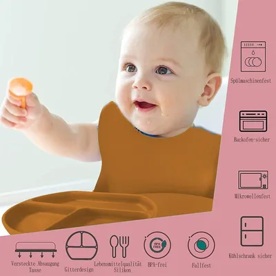 Produktbild von Silikon Baby Geschirr 6-teilig, Saugnapf, Löffel, Gabel, Lätzchen, spülmaschinenfest, für Kinder