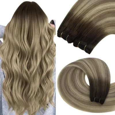 Immagine prodotto di Trecce di capelli naturali, tecnica balayage, 100 grammi, 60 cm, colore marrone-biondo, da applicare con clip
