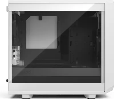 A white computer case with a tempered glass side panel, showing the interior.