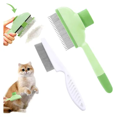 Produktbild von Selbstreinigender Flohkamm für Haustiere - Katzenhaarbürste mit Entriegelungsknopf zur Entfernung von Tierhaaren und Entfilzen von Knoten