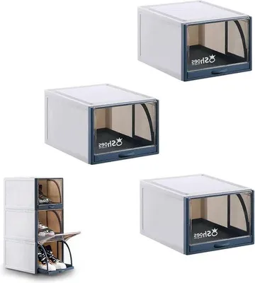Produktbild von Schuhregal mit abklappbarer Schublade, stapelbar, opvoubar, ruimteersparnis, Blauw, 3er-Pack